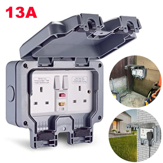 Weatherproof Outdoor Plug 13A 2 Gang Twin Switched Double Socket Outside Box UK