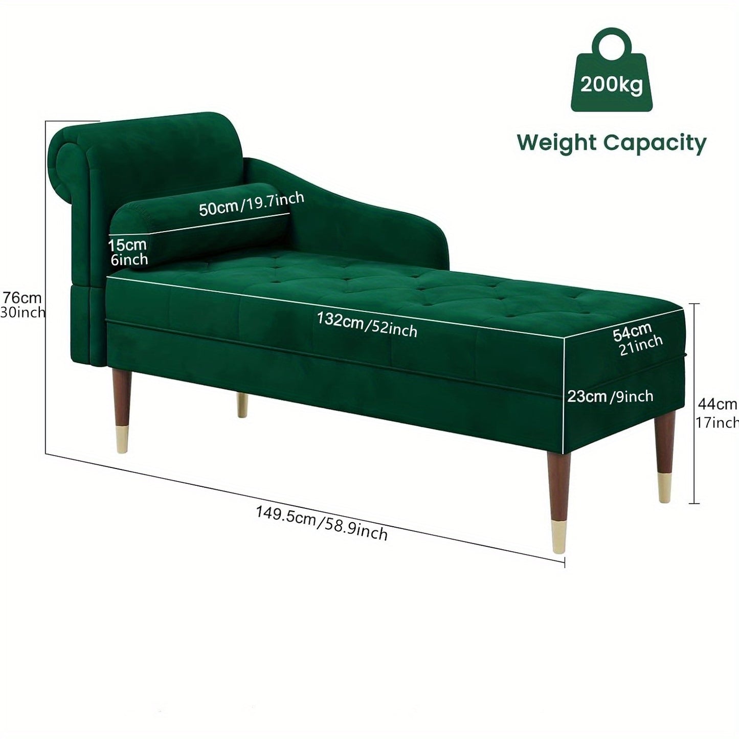 Velvet Chaise Longue Indoor Lounge Sofa with Left Armrest and Lumbar Pillow Upholstered Chaise Lounge for Living Room Bedroom and Office