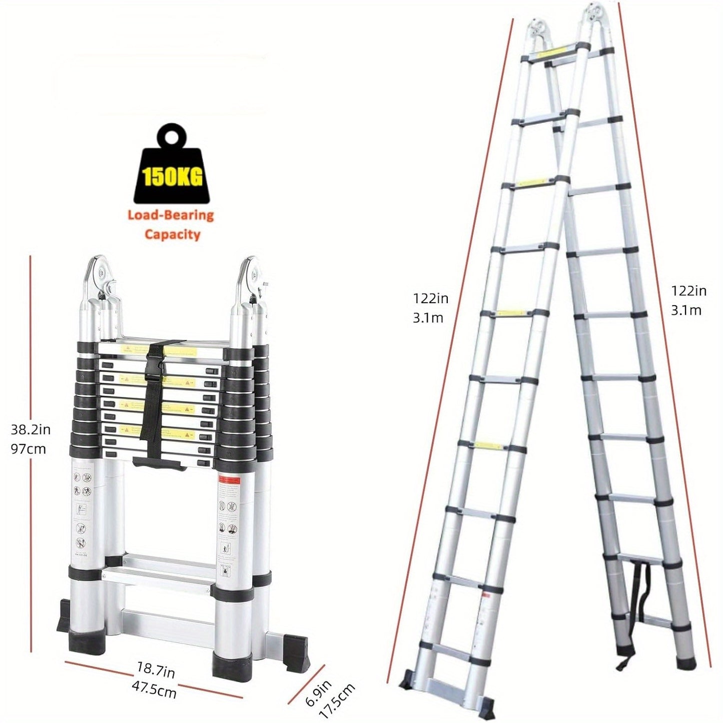 Extendable Aluminum Ladders Folding Telescopic Extension 3.1M+3.1M Tall Loft Ladder