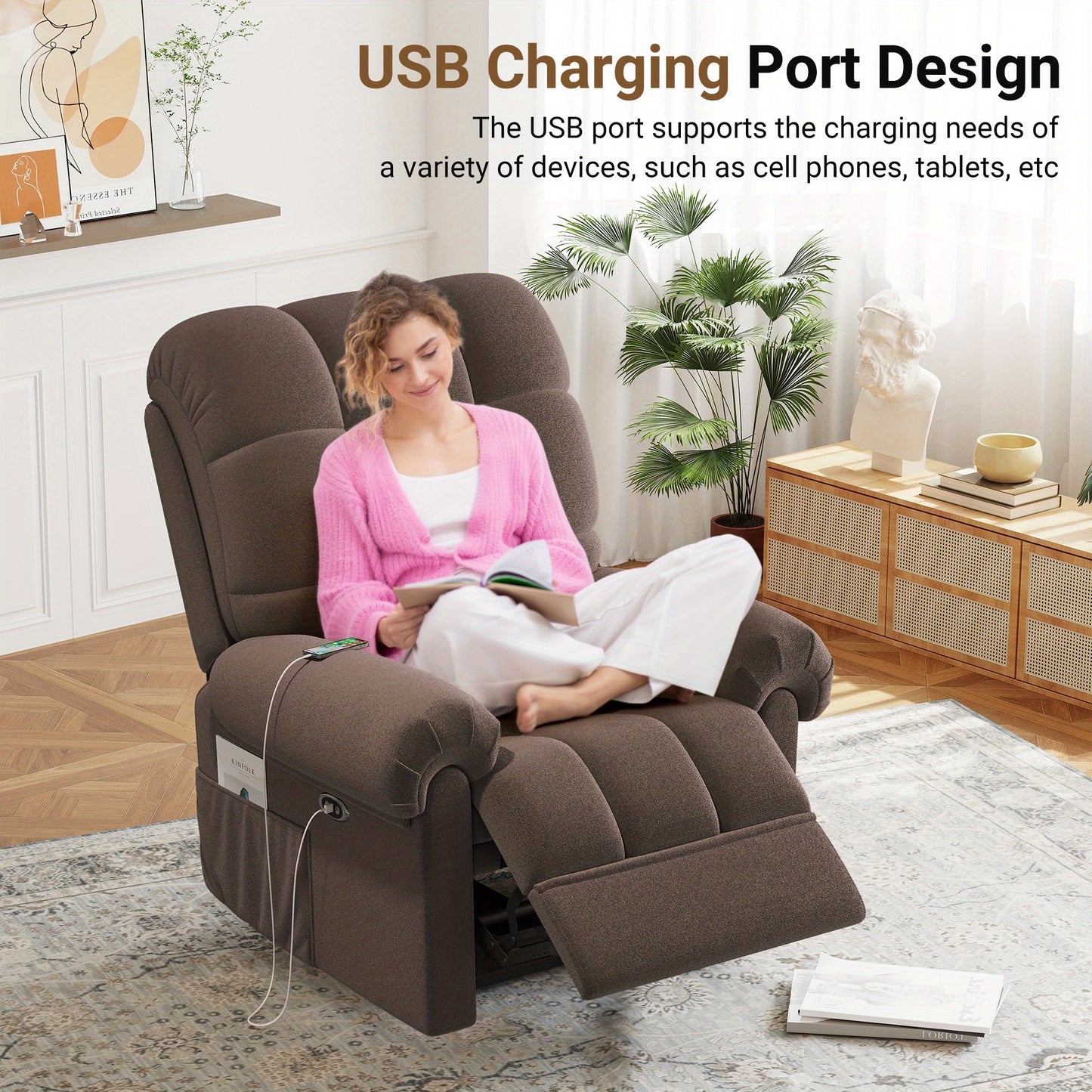 Electric Recliner Chair Teddy Fleece Single Sofa Ergonomic Adjustable Power Recliner