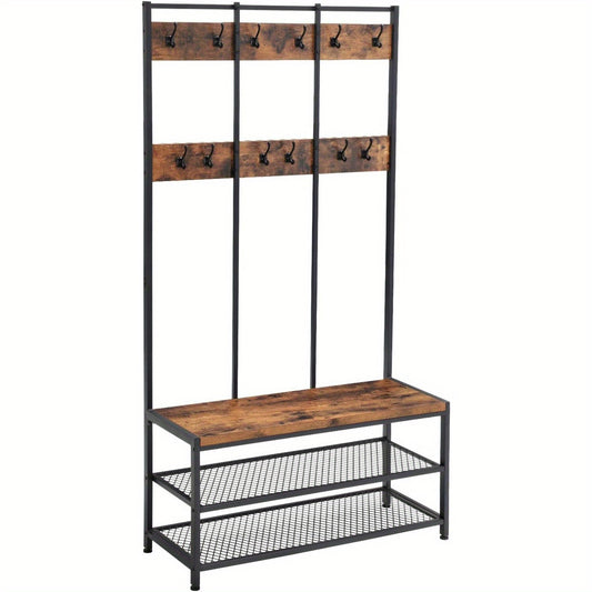 Large Coat Rack, Entryway Cabinet with 12 Hooks and Shoe Bench, Industrial Style Cloakroom Shelf, Office Bedroom, Steel Frame, Rustic Brown and Black
