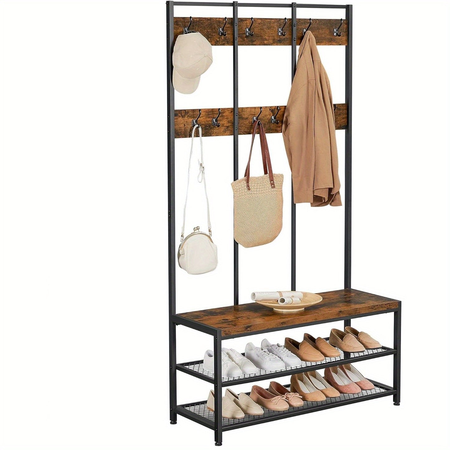 Large Coat Rack, Entryway Cabinet with 12 Hooks and Shoe Bench, Industrial Style Cloakroom Shelf, Office Bedroom, Steel Frame, Rustic Brown and Black