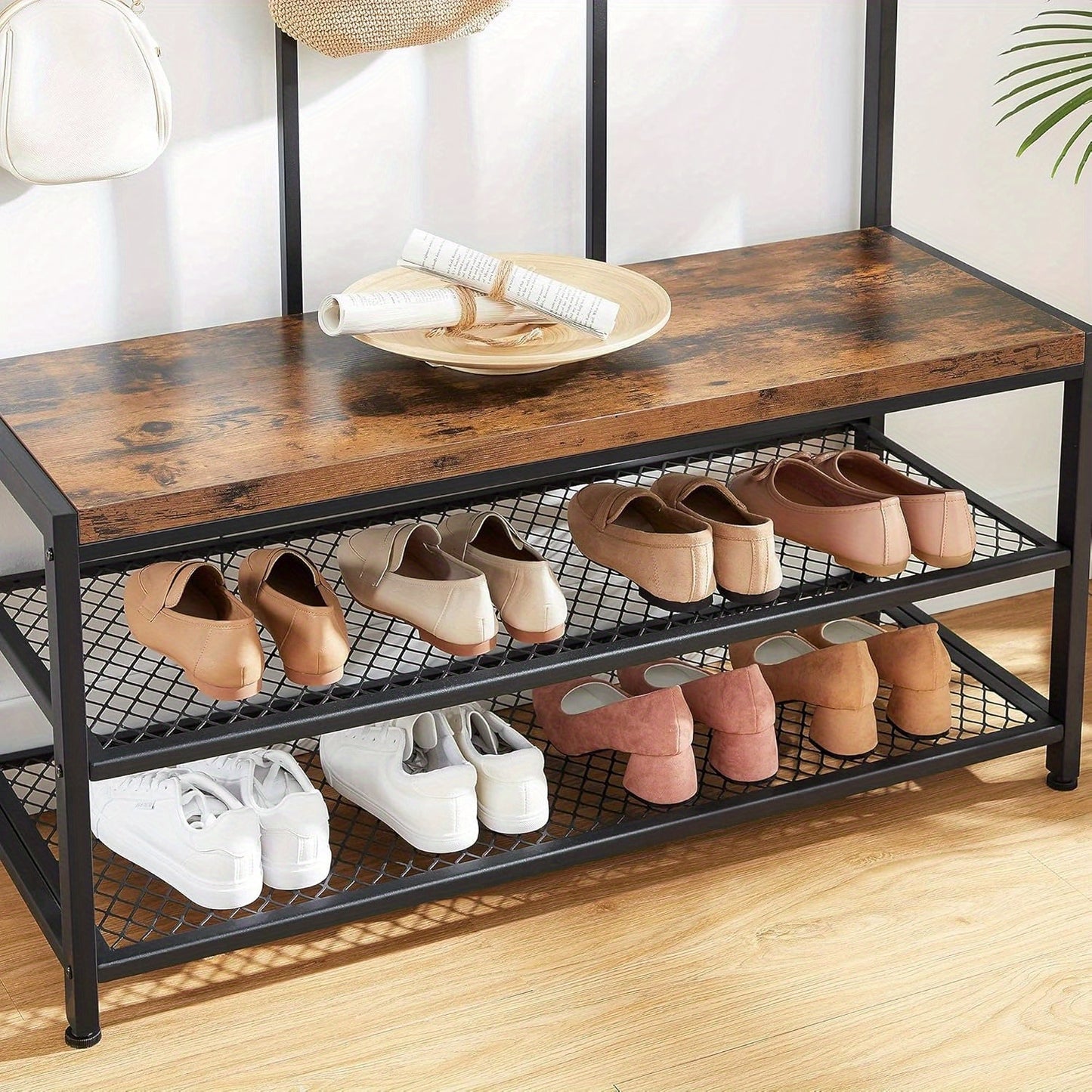 Large Coat Rack, Entryway Cabinet with 12 Hooks and Shoe Bench, Industrial Style Cloakroom Shelf, Office Bedroom, Steel Frame, Rustic Brown and Black