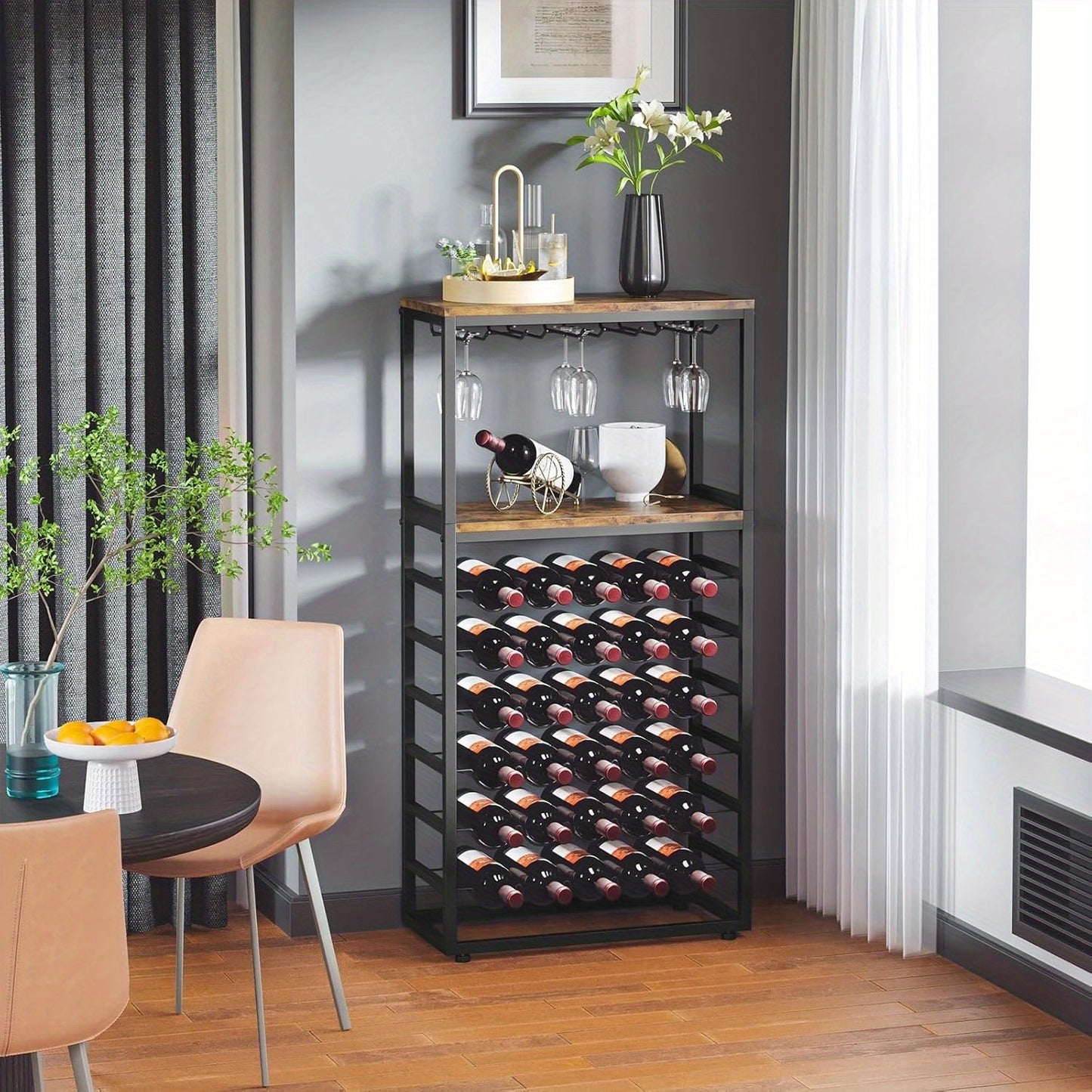 30 Bottles Floor Wine Rack, 6-Tier Freestanding Wine Bottle Organizer Shelf for Liquor and Glasses, Sturdy Metal Bottle Display Holder for Kitchen Pantry