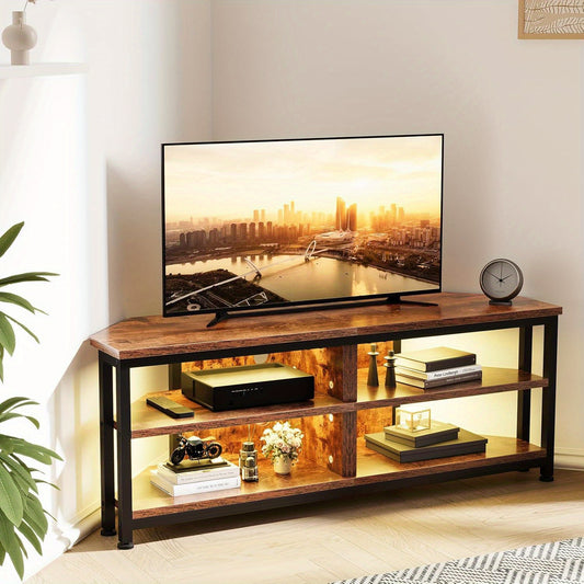 TV Stand Cabinet with LED Lighting, Corner Cabinet TV Unit for up to 55 Inch TV with Open Gaming Entertainment Center Shelves Vintage Industrial TV Standchest (120x36x45.5 CM)