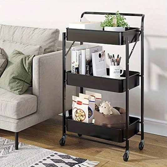Foldable kitchen shelf with 3-level bathroom trolley storage shelf castors