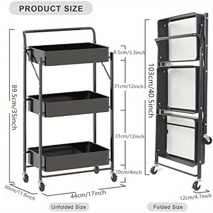 Foldable kitchen shelf with 3-level bathroom trolley storage shelf castors