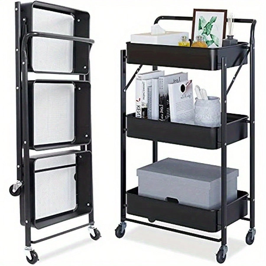 Foldable kitchen shelf with 3-level bathroom trolley storage shelf castors