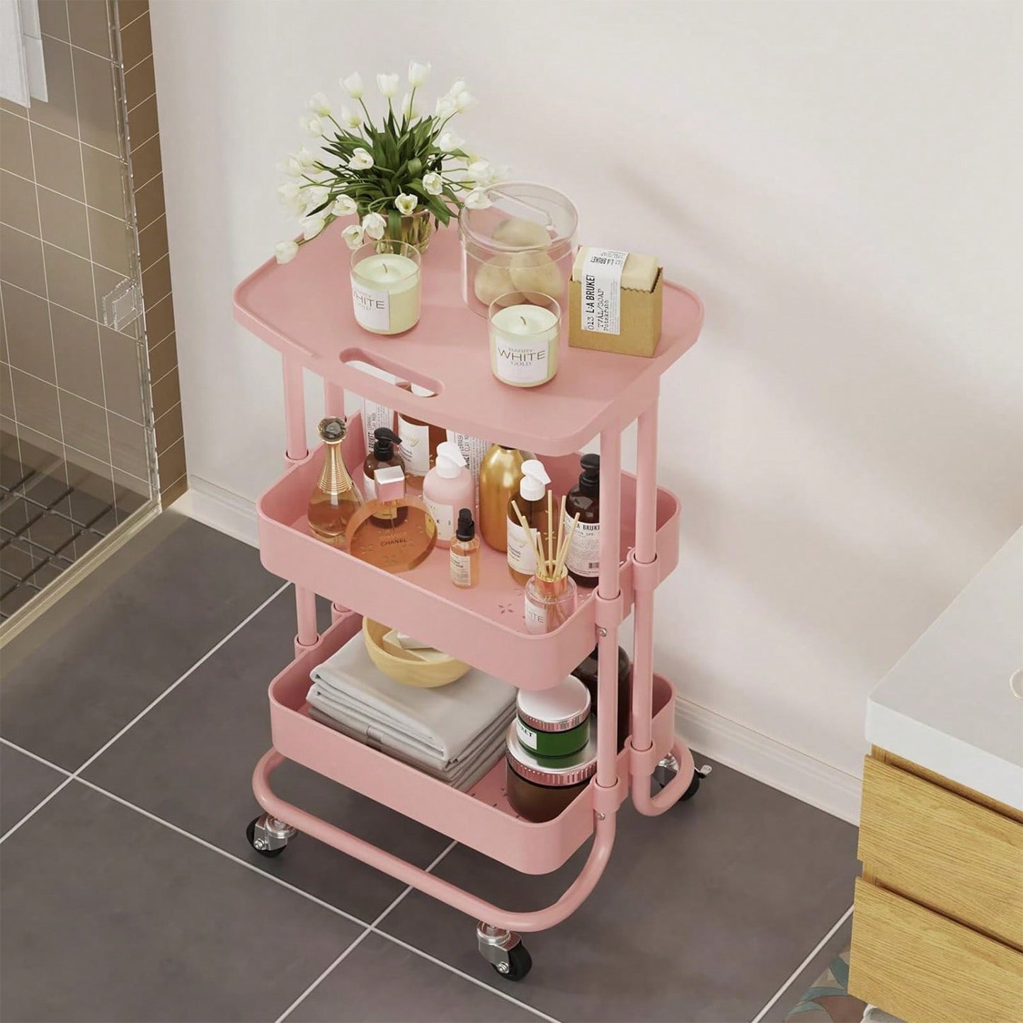 Storage Trolley Cart 3 Tier Serving Rolling Utility Cart With Card Slot Handle Anti-Rust Mobile Organizer Trolley With Tabletop For Home Office Bathroom Kitchen