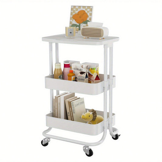 Storage Trolley Cart 3 Tier Serving Rolling Utility Cart With Card Slot Handle Anti-Rust Mobile Organizer Trolley With Tabletop For Home Office Bathroom Kitchen