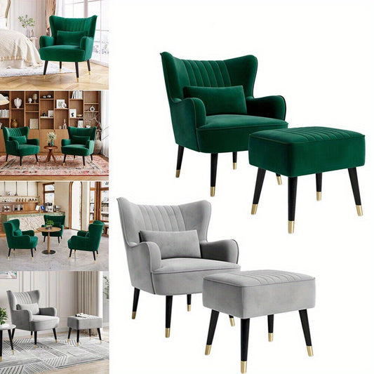 Large Velvet Armchair with Footstool and Lumbar Pillow Accent Chair Room Office