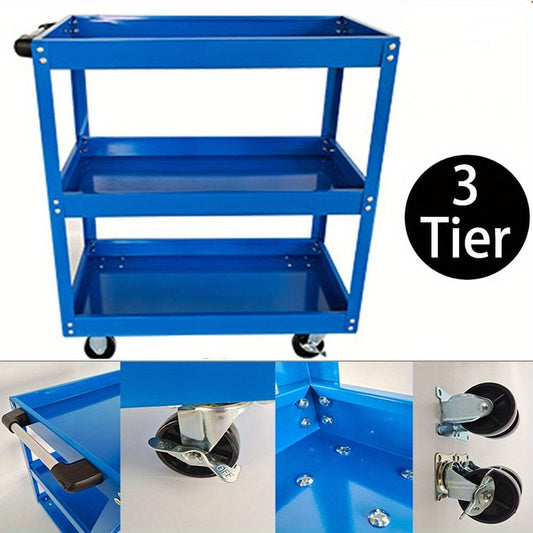 Tool Storage Heavy Duty Garage Trolley Workshop DIY 3 Tier Wheel Cart Shelf Blue
