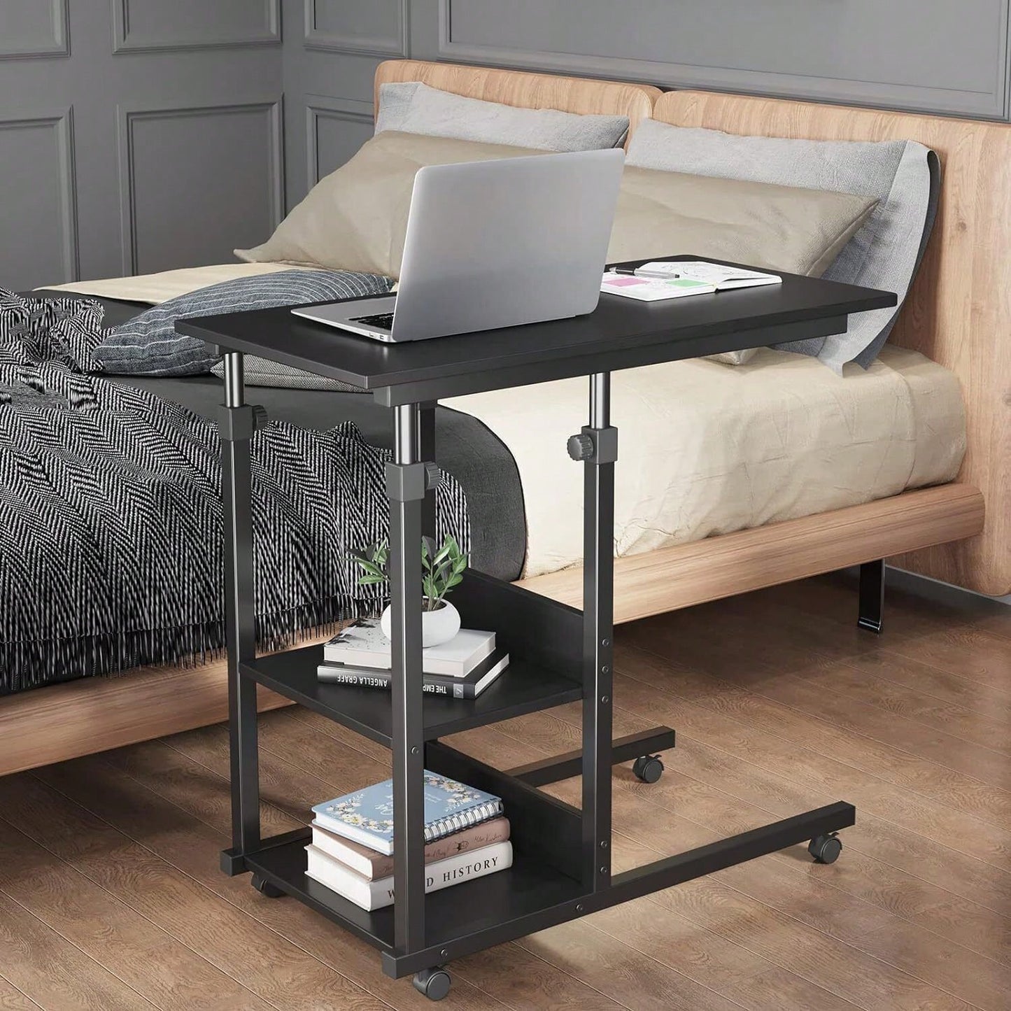 Height Adjustable Rolling Laptop Desk Cart Overbed Hospital Table Bed Side Stand