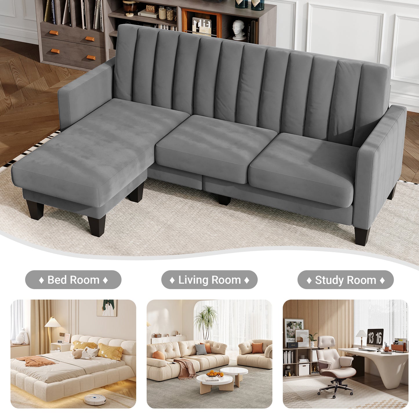 Convertible Sectional Sofa Couch 3 Seat L-Shaped Velvet Sofa for Apartments Living Room and Office