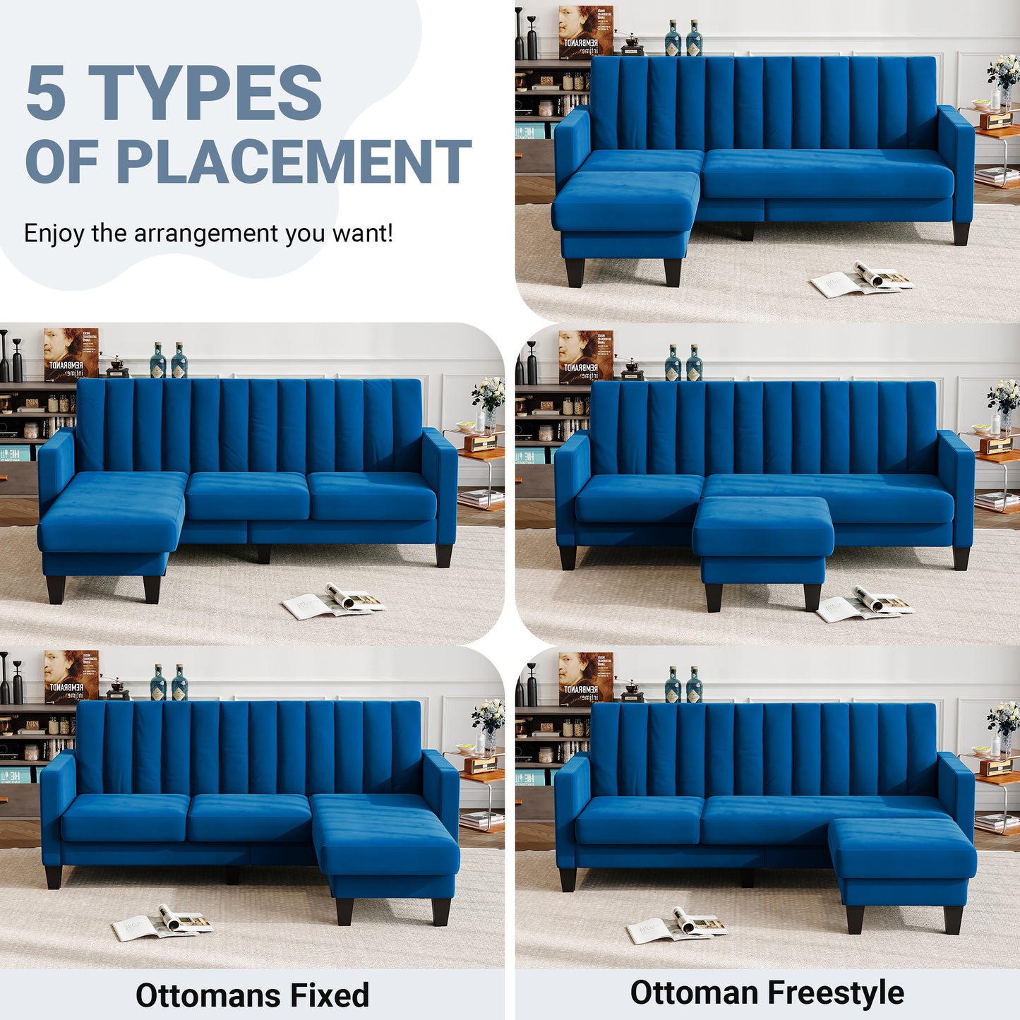 Convertible Sectional Sofa Couch 3 Seat L-Shaped Velvet Sofa for Apartments Living Room and Office