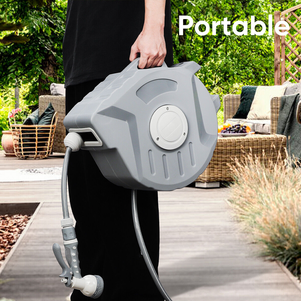 Wall Mounted Garden Patio Hose Reel Retractable Auto Rewind Pipe 180° Swivel
